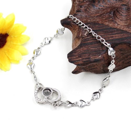 Image of Uloveido Cute Stainless Steel Heart Link Chain Bracelet | 100 Different Languages I Love You Projection Bracelets for Women Girls