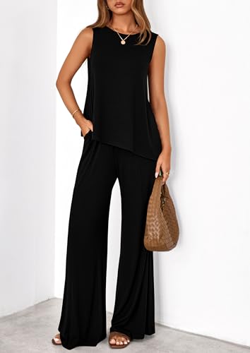 PRETTYGARDEN Women's 2025 Two Piece Matching Lounge Sets Asymmetrical Split Tank Tops Wide Leg Pants Summer Outfits Tracksuit2