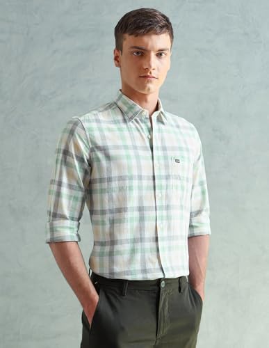 Image of Arrow Sport Men Slim fit Cotton Checked Long Sleeves Spread Collar Shirt
