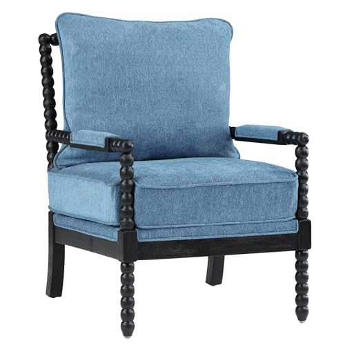 DUHOME Linen Fabric Spindle Accent Chair with Wood Frame,Modern Accent Spool Chairs with Padded Spring Seat and Brushed Blue Base for Living Room Bedroom Farmhouse Home Office Belcony