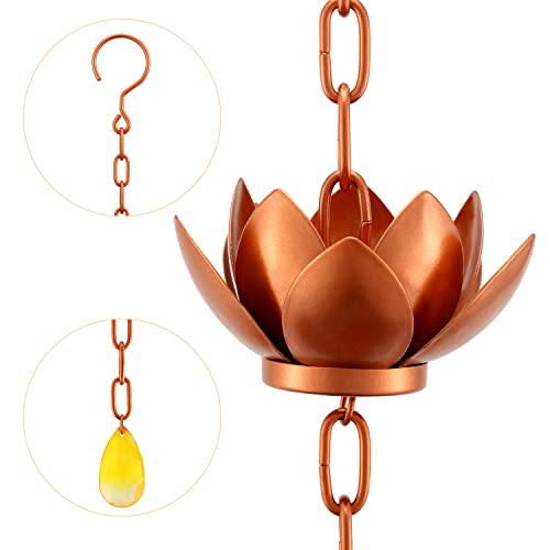 Image of OAK LEAF Rain Chain Set, 8.5ft Copper Plated Rain Chain for Gutters with Adapter, Lotus Rain Chain Cups to Replace Gutter Downspout, Divert Water and Home Display, 12 Cups, Adjustable, Rose Gold