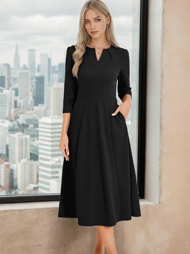Allegra K Women's 3/4 Sleeve Dresses V Neck Elegant A-Line Work Business Formal Midi Dress with Pockets2