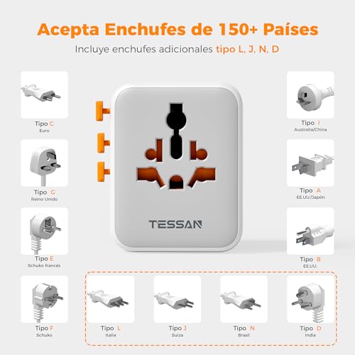 Miniatura 5 de Tessan Adaptador Enchufe Universal Con 2 Usb C 15 W, Adaptador De Viaje Con 4 Usb, Cargador Universal Para Uk Americano Japón Brasil Australia España Argentina Tailandia