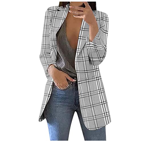Womens Houndstooth Blazers Long Sleeve Casual Open Front Suit Jackets Boyfriend Blazer With Pockets Overcoats Outwears Gray #TOP11
