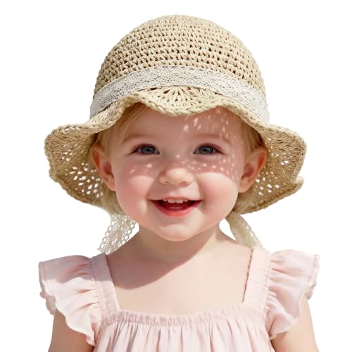Zando Wide Brim Toddler Straw Sun Hat for Baby 12-18 Months with Cute Lace Bow Adjustable - Sun Protection Kids Baby Bucket Hat Summer Girls Easter Hats for Beach Photo Daily Park Grass Beige S