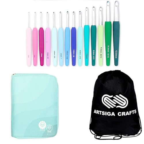 KnitPro Waves Grande Set 5.25 inch Crochet Hooks Size 2.0, 2.5, 3.0, 3.5, 4.0, 4.5, 5.0, 5.5, 6.0, 7.0, 8.0, 9.0, 10.0, 12.0 mm, Fabric Case with Project Bag