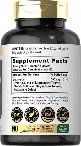 Magnesium Taurate 1500Mg | 250 Caplets | Chelated And Buffered | Vegetarian, Non-Gmo, Gluten Free Supplement | By Carlyle #TOP1