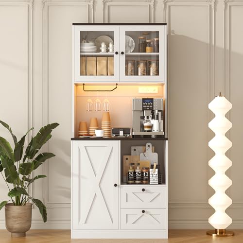 Image of 71 inch Tall Coffee Bar Cabinet with Storage Hutch, Farmhouse Kitchen Pantry Cabinet with LED Lights Microwave Stand and Glass Holder for Home Dining Room Kitchen,White