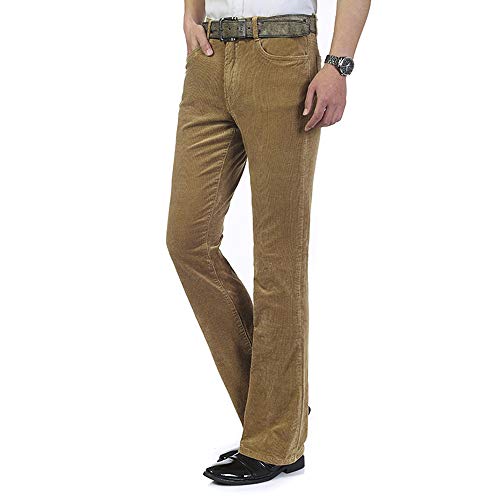 Haorun Men Corduroy Bell Bottom Flares Pants Slim Fit 60S 70S Vintage Bootcut Trousers Khaki #TOP1