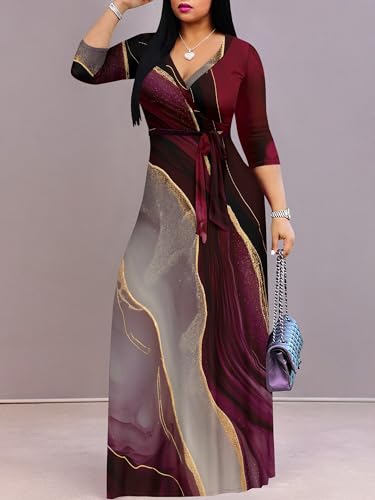 Image of Plus Size Dresses for Women Print Maxi Dresses 3 /4 Sleeve with Belt