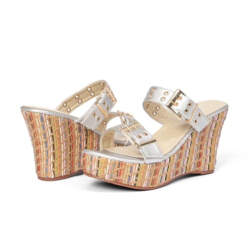Jeesay Women's Slides Wedge Sandals with Buckle Strap Slip On Peep Toe Platform Sandals High Heels Shoes4