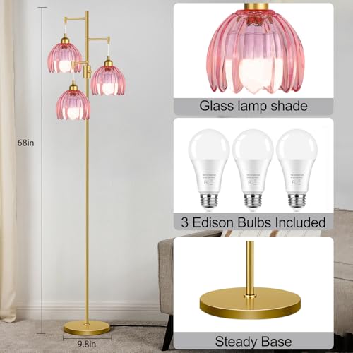 Image of ZECOXOL Gold Floor Lamps for Living Room Vintage Pink Floor Lamp with Glass Lmapshape & Three Led Bulb,Dimmable Mid Century Modern Standing Lamp Tall Tree Flower Floor Lamps for Bedroom,Office,Corner