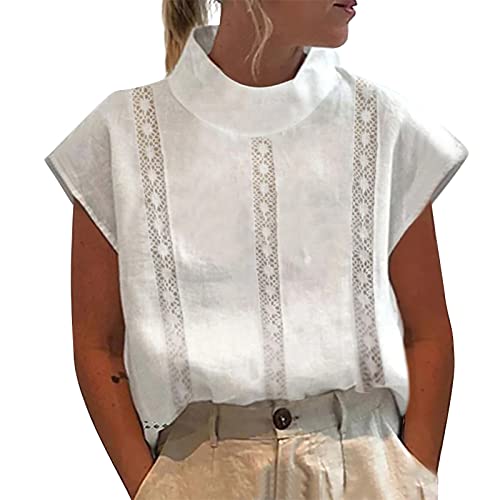 Camiseta de mujer elegante elegante blusa top mujer color sólido verano corte suéter de encaje delgado sin mangas de manga corta camisa de cuello alto chaleco primavera gran tamaño, Ab-Blanco,