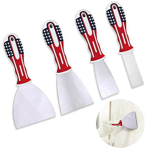 DOYOUDO Putty Knife Set 4 Pcs Spackle Knife, USA Flag Handle and Stainless Steel Blade, 1 Inch 2 Inch 4 Inch 6 Inch Taping Knife Metal Scraper Spackling Tools for Drywall, Wood Filler and Painting