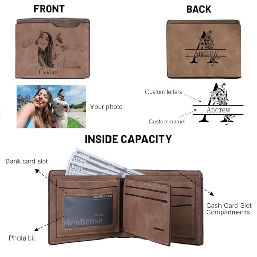 Custom Wallets for Men, Personalized Men's Wallet, Engraved Photo&Name Wallets, Customized Souvenirs for Husbands Fathers Boyfriends (Dark Khaki Letter)2