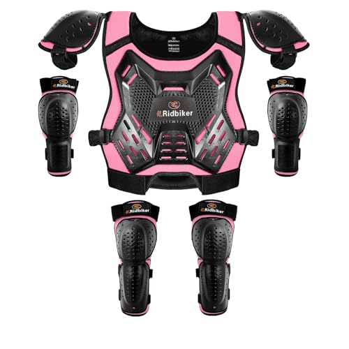 Kids Dirt Bike Gear Armor Vest Suit Motorcycle Chest Protector with Knee Elbow Pads Youth Riding Protective Gear for Motocross Cycling Skating Ski Off-Road (Pink)