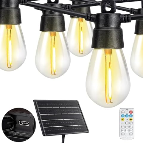 CEED4U 111FT Solar Outdoor String Lights, 96FT LED Patio String Lights Outsides with 15FT Extension Cord, 32 Shatterproof Vintage Edison Bulbs, Hanging Lights for Garden Porch Backyard Balcony Decor Cover