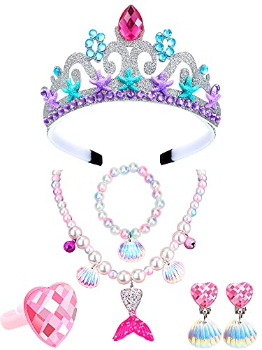 Mermaid Crown for Little Girl Pink Mermaid Jewelry Set Mermaid Crown Dress Up Accessories for Girls Mermaid Birthday Princess Dress Up Accessories Halloween Costume
