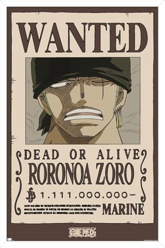 Trends International One Piece - Roronoa Zoro Wanted Poster Wall Poster, 22.4L x 14.7W, White Framed Version