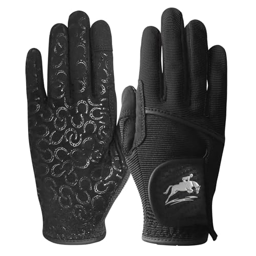 FINGER TEN Womens Horse Riding Gloves Premium Equestrian Horseback Gloves for Ladies, Mesh Breathable Lightweight Comfortable Grip Summer Color Pack (Black, Large) by FINGER TEN - Used condition - US$13.87