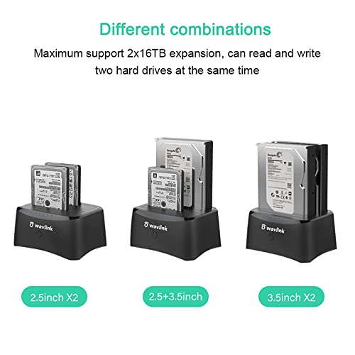 Wavlink Usb 3.0 To Sata I/Ii/Iii Dual Bay External Hard Drive Docking Station,Tool-Free External Hard Drive Dock For 2.5/3.5 Inch Hdd/Ssd,Support Offline Clone,2X16Tb With 12V/3A Power Adapter #TOP2