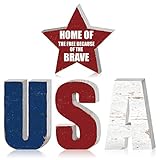 4 Pcs 4th of July Patriotic Wooden Signs USA and Star Sign Vintage Independence Day Red White and Bl