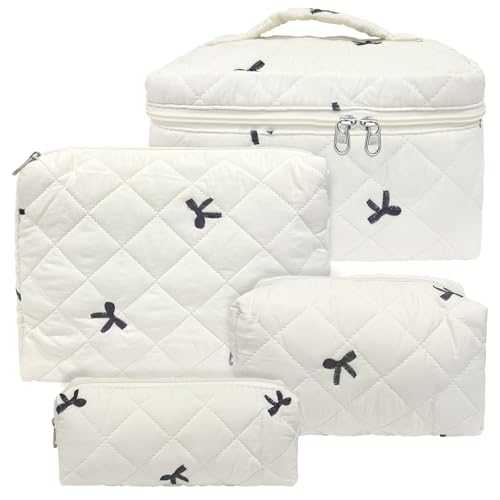 Cozomga Cute Cotton Quilted Makeup Bag Set, Large Travel Cosmetic Bag for Women, Big Make Up Bag with Toiletry Organizer, Aesthetic Storage for Daily Use & Travel