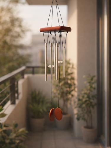Image of Decorative Wind Chime for Home | Wooden House with Bells Colourful Beads | Positive Energy Balcony Living Room Hall Garden Home Decor (Wind Chimes with 4 Tubes)
