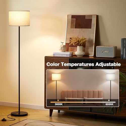 Image of Ambimall 60'' Modern Floor Lamp with Remote, Tall Lamps for Living Room, Bedroom, Office, Dining Room, Beige Shade with Black Pole(Included Bulb)