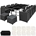 TecTake 800674 Salon de Jardin Résine Tressée et Aluminium 12 Personnes, encastrable, Fauteuils et Tabourets, Table avec Plateau en Verre, Coussins d'Assise et Dossier, Housse (Noir)