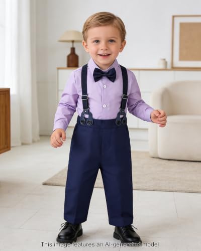Image of SANGTREE Baby Suits for Boys Gentleman Wedding Outfits Long Sleeve Dress Shirt Suspender Pants Bowtie Boy Clothes Set, 1-6T