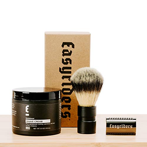 Shaving Kit for Men by Easyrider - Starter Shave Kit Includes Stainless Steel Safety Razor, Badger Hair Shave Brush, Premium Shave Cream (Limited Edition)