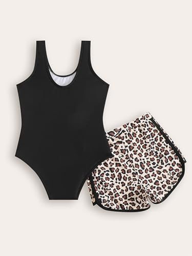 Kids Girls Sun Protection Swimwear Sleeveless Bikini with Shorts Swimsuit Leopard Printed Beach Bathing Suit2