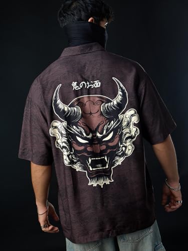 Image of The Souled Store: The Last Shogun Men and Boys Short Sleeve Collared Neck Button Front Dark Brown Graphic Printed Rayon Oversized Shirts