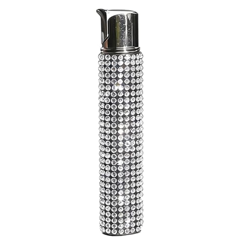 Briquet Butane Fin avec Flamme Douce et Coupe-Vent, décoration Strass Scintillante, Design Mini et Mignon for Le Transport Quotidien des Femmes (Carburant Non Inclus)(Silver)
