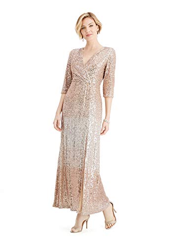 R&M Richards Womens Beige Sequined Zippered 3/4 Sleeve V Neck Full-Length Faux Wrap Formal Dress Size 10P