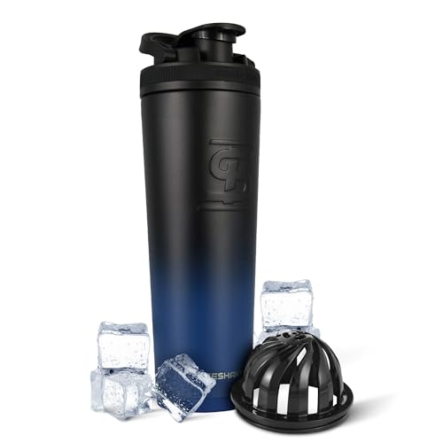 Ice Shaker Insulated Stainless Steel Shaker Bottle | 32oz, Navy/Black | Cold for 30+ Hours | Insulated Cup with Twist-on Agitator | Odor-Free Bottle for Protein Shakes, Water, Smoothies, Cocktails