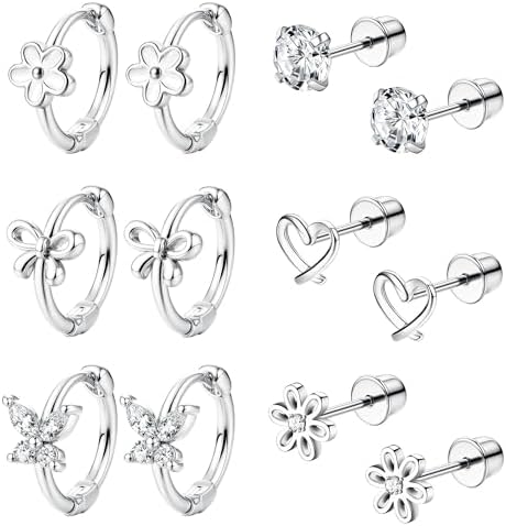 MILACOLATO 6 Pairs Hypoallergenic Earrings for Women 316L Surgical Stainless Steel Cute Heart Flower CZ Bow Earrings for Sensitive Ears Small Huggie Hoop Screw Back Stud Earrings Set
