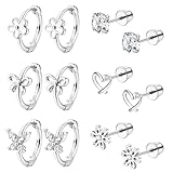 MILACOLATO 6 Pairs Hypoallergenic Earrings for Women 316L Surgical Stainless Steel Cute Heart Flower CZ Bow Earrings for Sensitive Ears Small Huggie Hoop Screw Back Stud Earrings Set S