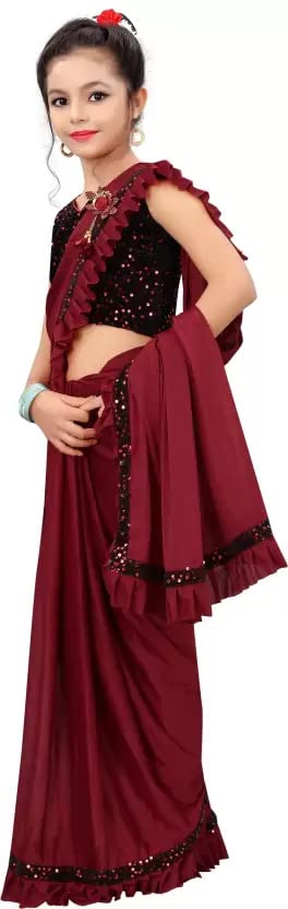Dhyey fashion Girls Lycra Blend Ruffle Pattern Saree With Velvet Unstitched Blouse Piece - Image 2 thumbnail