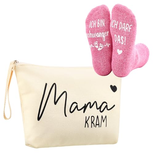 Jadive 2 Stück Geschenk Schwangerschaft Set Geschenk Werdende Mama Kosmetiktasche mit Reißverschluss Mama Kram rutschfest Socken Geschenkideen Schwangerschaft für Freundin(Klassiker)