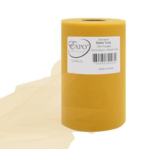 Image of Expo International Decorative Matte Tulle, Roll /Spool of 6 inch X 100 Yards, Lightweight Polyester Tulle Fabric for Tutus, Costumes, and Party Decorations, Washable, Easy-to-Use, Light Gold