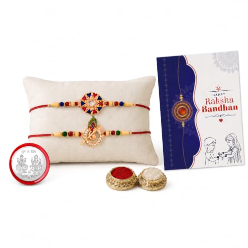 Image of Oblivion Flower and Murli Design Brass Rakhi Set of 2 for Brother with Silver Colour Pooja Coin, Roli Chawal and Greeting Card for Raksha Bandhan