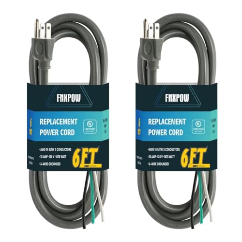 FNXPOW 2 Pack 6FT 14/3C SJTW Appliance and Power Tool Cord, 14 Gauge 3 Prong Heavy Duty Replacement Power Supply Cord Cable, 110V 115V 120V AC Pigtail, 15A, 1875w