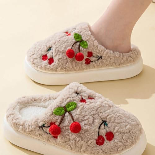 Cherry Slippers for Women Indoor Comfy Winter Warm House Slides Shoes Cute Womens Slippers Fuzzy Plush Slippers Soft Thick Soled Slippers Non Slip Cozy Home Bedroom Slippers2
