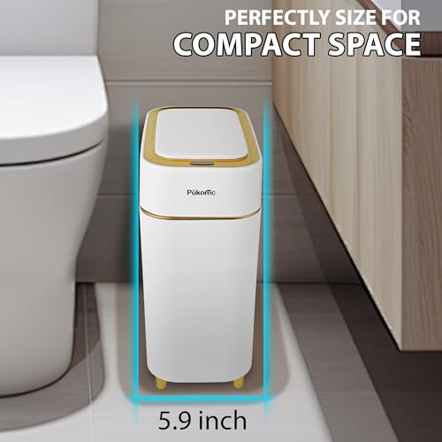 Image of Pukomc 2.3 Gallon / 9L Automatic Adsorption Sensor Trash Can | White Gold Motion Sensor Garbage Bin with Suction, Slim Fashionable Design for Kitchen, Bathroom, Office & Small Space