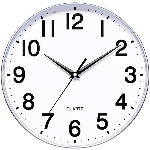 KSYOU Orologio da parete rotondo, 30 cm, colore argento, orologio da parete silenzioso e senza ticchettio, semplice orologio da parete per soggiorno, camera da letto, cucina, decorazione scolastica