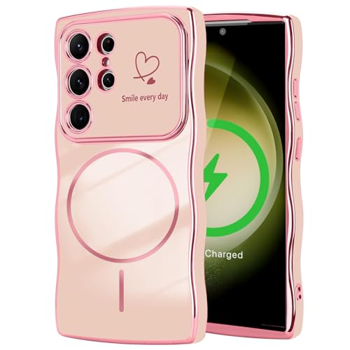 Coqinen Magnetisch für Samsung Galaxy S23 Ultra Hülle, Galvanisierte Silikon TPU Case Kompatibel mit MagSafe, Liebesherz Wellenform Design Stoßfest Schutzhülle, Rosa