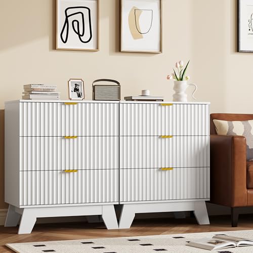 Image of Fluted Nightstand Sets of 2 with 3 Large Drawers, Wooden Side End Table with Elevated Legs for Easy Cleaning, Sturdy Modern Beside Table for Small Space, Bedroom, White, 24 inch L