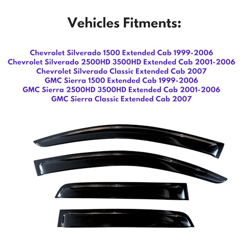 Image of KPY Window Visor for Chevrolet /GMC Silverado /Sierra 1500 1999-2006, 2500HD /3500HD 2001-2006, 2007 Classic, Rain Guard Deflectors Tape-On Style, 2000 2002 2003 2004 2005 (Extended Cab), Black, 815106